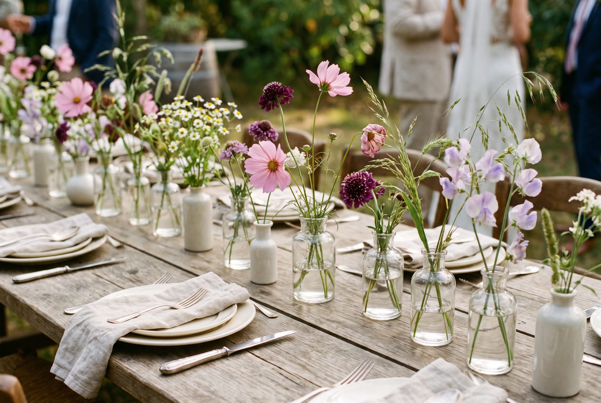 Bocaux et soliflores sur une longue table