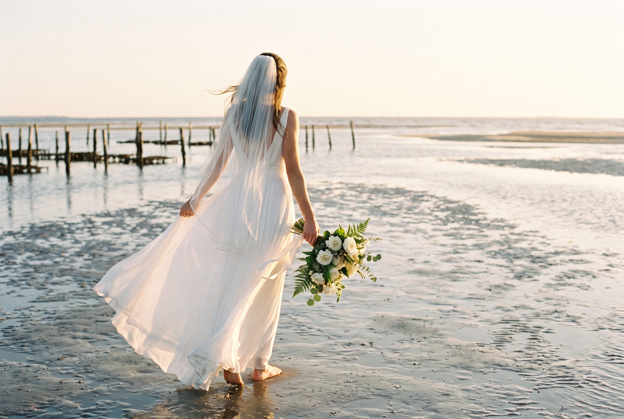 Mariée sur la plage, au coucher du soleil